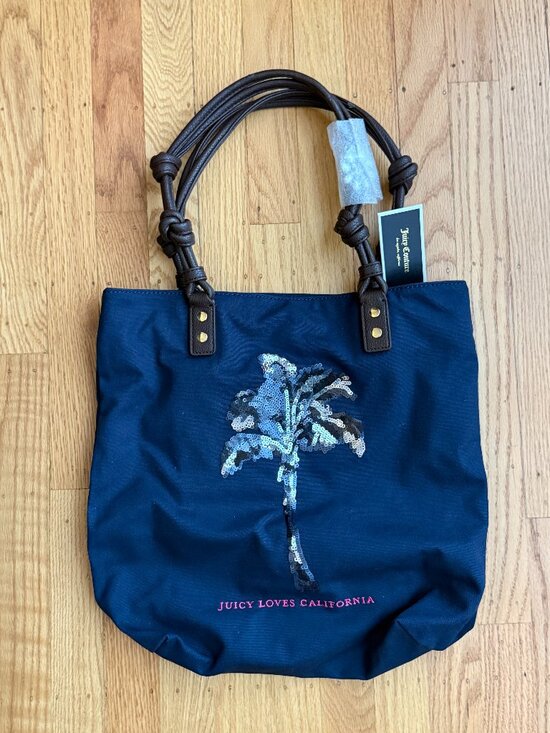 Juicy Couture Handbags - NWT Juicy Couture Sequin Palm Tree Tote Bag Navy Blue Canvas YHRU3464 Dust Bag
